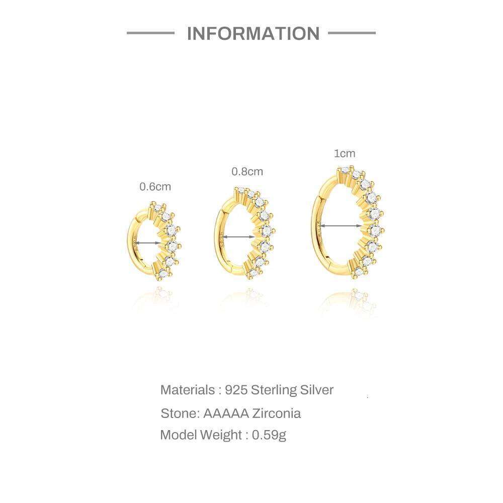 Aide 1 Piece S925 Sterling Silver Zircon Hoop Earrings Multi Size 6/8/10mm Crystal Cartilage Hoops for Women Fashion Jewelry