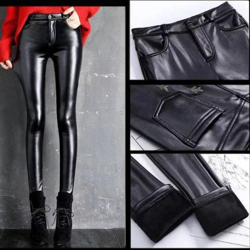 Cashmere PU Leather Pants Womens AutumnWinter Thickened and Fleece HighWaisted Slim Fit Tight Warm Leggings Black 251231