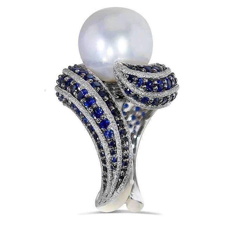 Huitan Hyperbole Personality Women Irregular Shaped Full with Blue CZ Imitation Pearl Wedding Rings Hot Trendy Jewelry