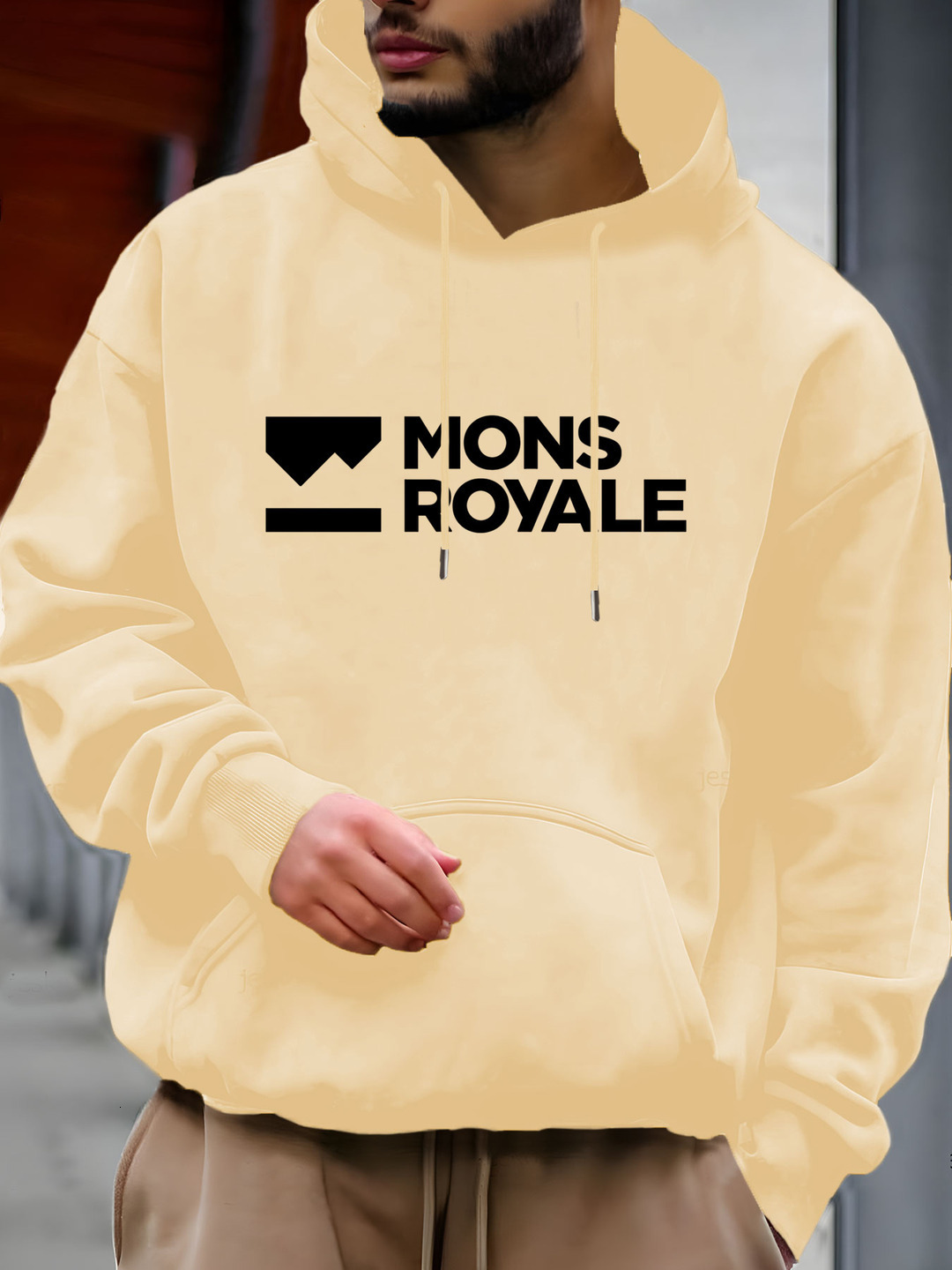 Men'S "MONS ROYALE" Graphic Print Hoodie - Soft Blend, Long Sleeve Pullover with Front Pockets, Beige, Perfect for Fall & Winter, Casua
