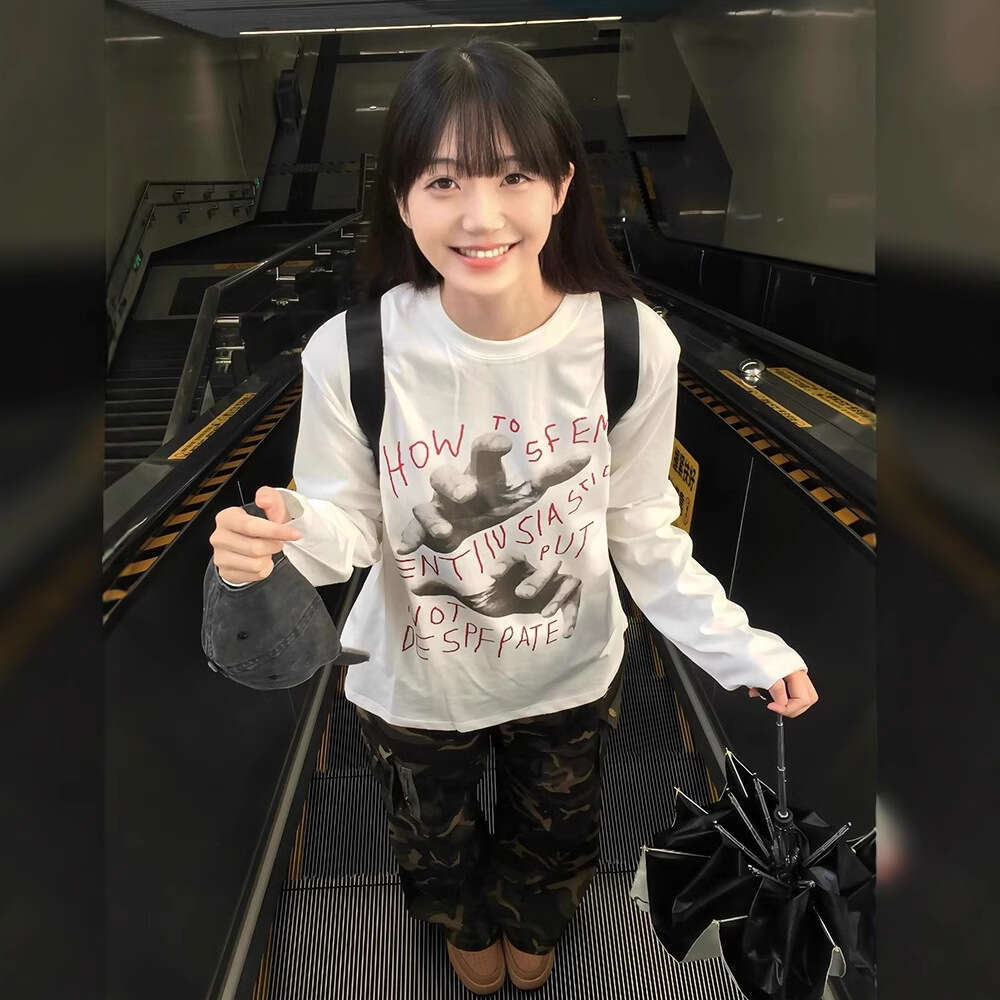 American Retro Style Inner Wear Women, Niche Color-Block T-Shirt, Autumn Thin Loose Base Shirt, Oversize Long Sleeve for Women