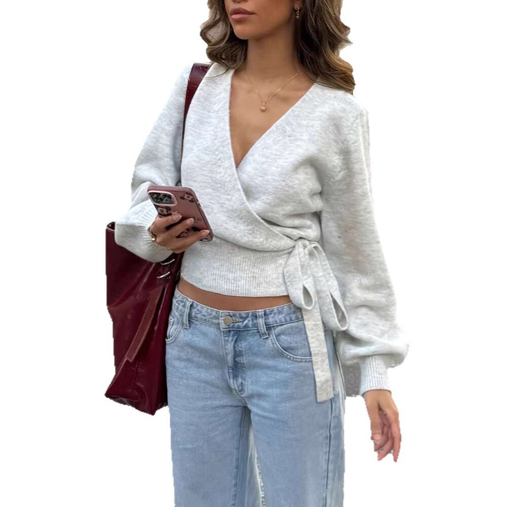 European and American Style Cross V-Neck Knitted Base Shirt Autumn Winter Irregular Tie Elegant Short Top for Women