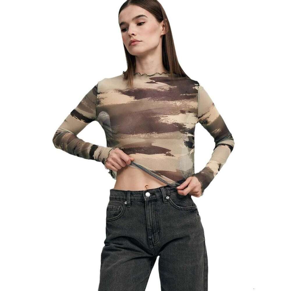 S32280 European and American Cross-Border New Women's Sexy Leopard Print Mesh Printed Tight-Fitting T-Shirt Top for Women