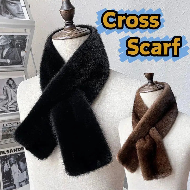 Korean Women Winter Warm Thicken Cross Collar Scarf Imitation Faux Rabbit Fur Scarf Solid Furry Neck Warmer Cold Proof Scarves 251225