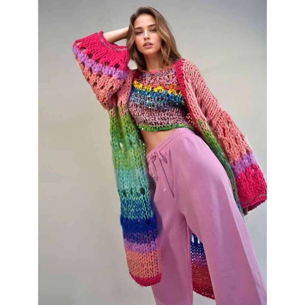 Boho Colorful 2026 Designer Fashion Luxuriously Handknit Bell Sleeve Crochet Loose Kimono Cardigan Women Fall Winter Coat Beach Coverup Dress K12