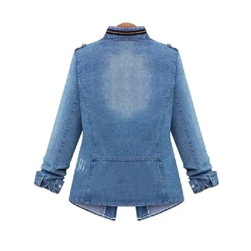 Ripped Stand Collar Long Sleeve Women Slim Washed Denim Jackets Coat Cardigan Spliced Distressed Outerwear Casual Zipper 251231