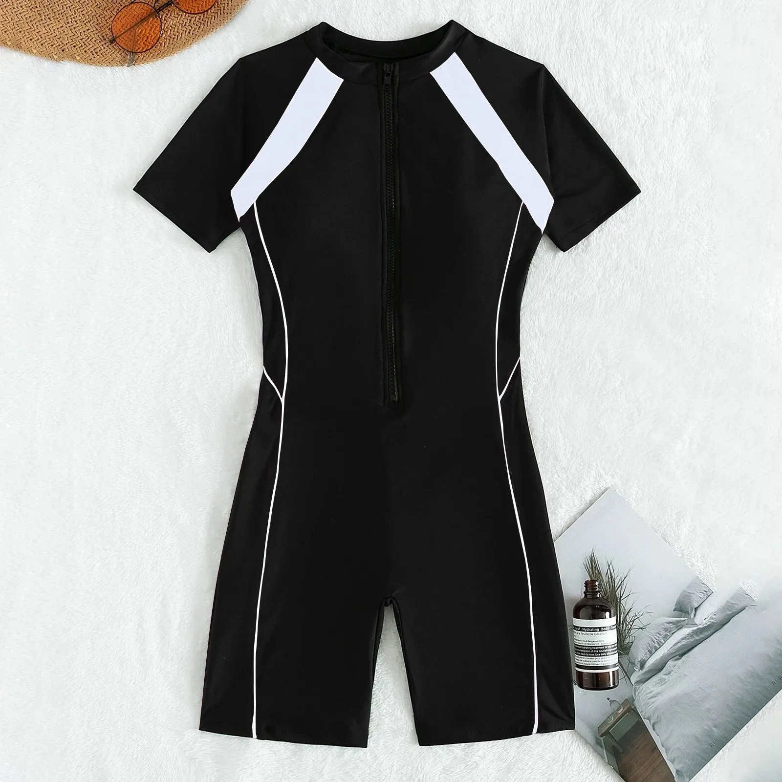 Female Summer Onepiece Solid Color Patchwork Flat Angle Short Sleeved Zippered Swimsuit Sun Protection QuickDrying Swimwear 251231