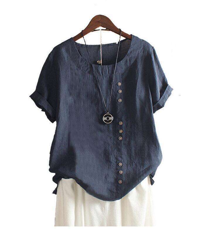 2026 Summer Retro Solid Color Top Plus Size Casual Loose Button Cotton Linen Short Sleeve Pullover Round Neck T-Shirt Women's Clothing