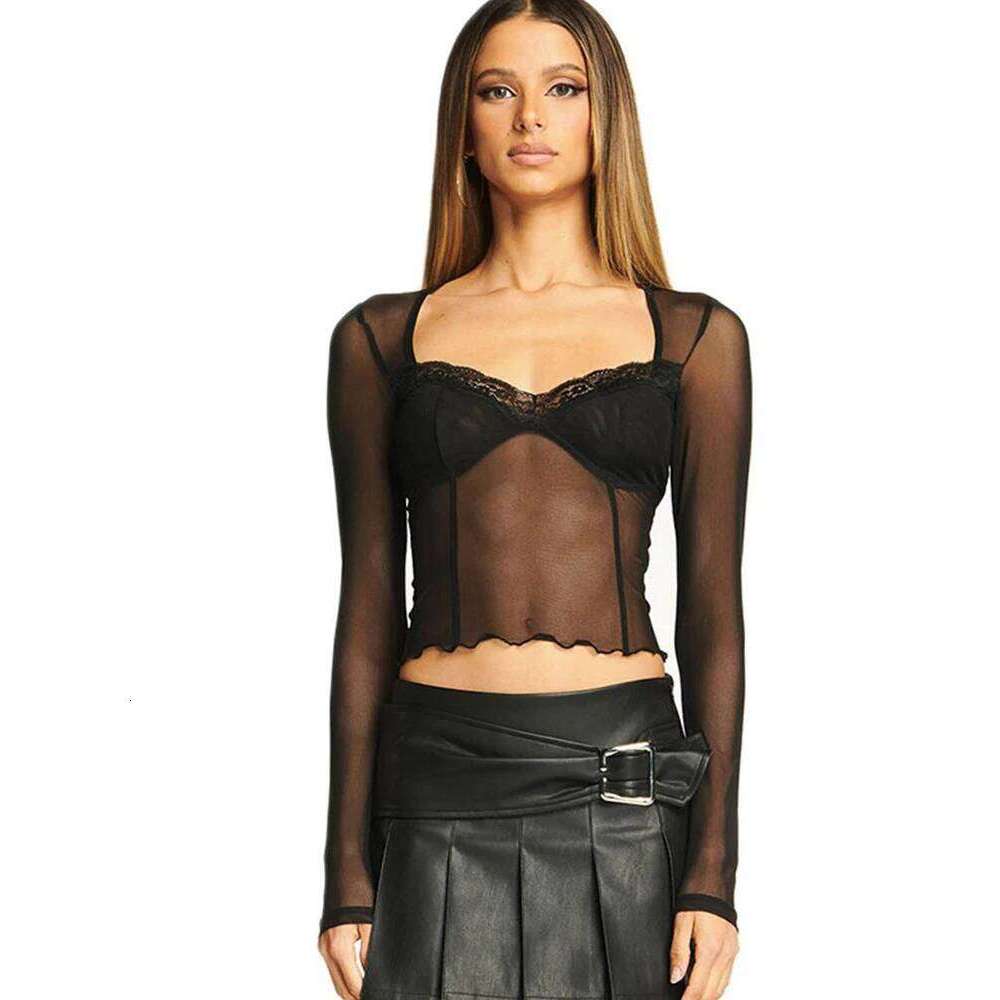 Fashion Y2K Lace Trim Mesh Crop Tops 90s Aesthetics Patchwork Square Neck Long Sleeve White Sexy Tees Summer T-shirts