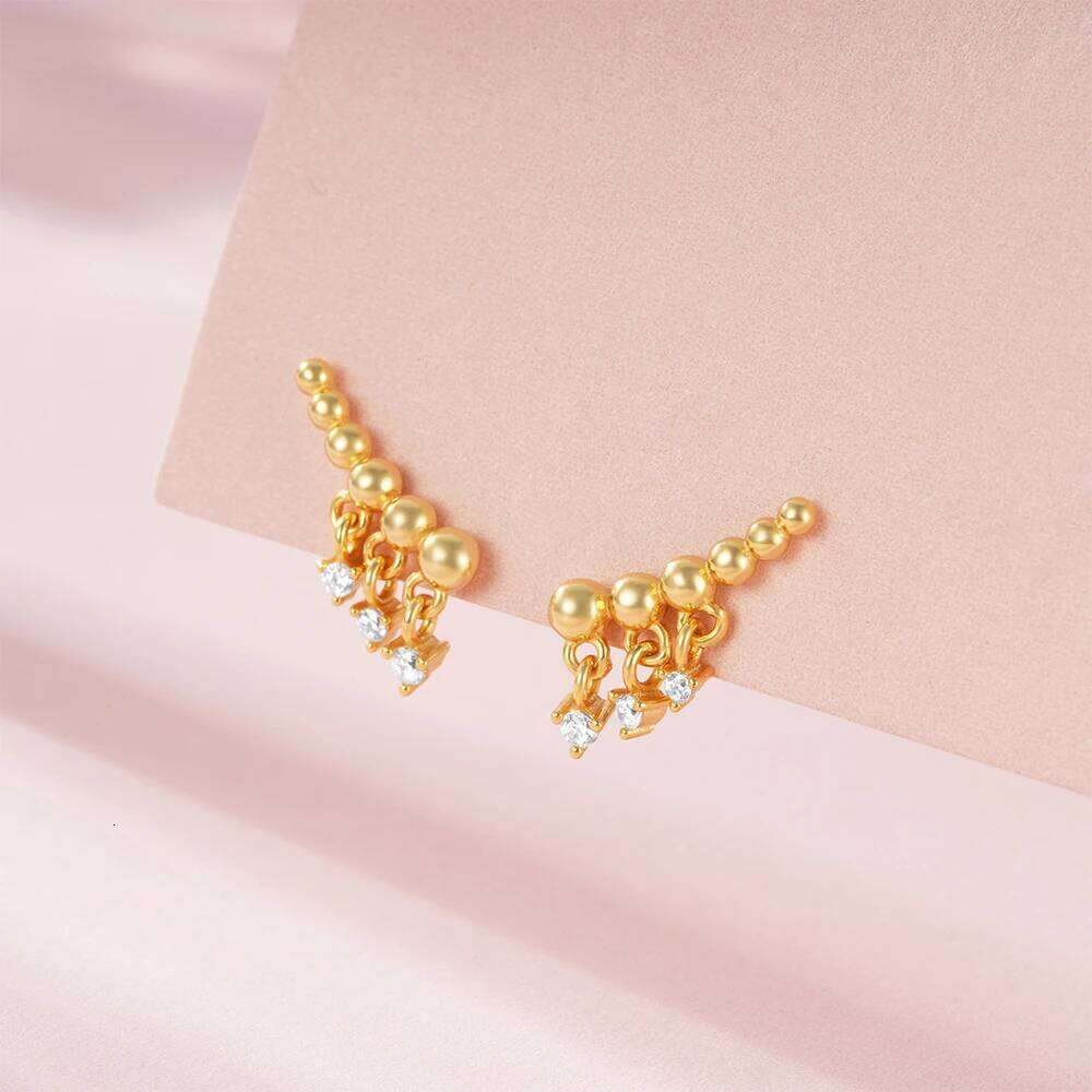 Aide 925 Sterling Silver Beading With Small Zirconia Pendient Piercing Stud Earrings For Women 18K Gold Simple Elegant Jewelry