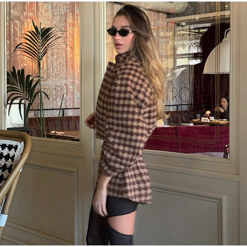 Spring Retro Plaid Women Set Casual Chic Full Sleeve Zipper Jacket High Waist Pockets Shorts Lady Office Suit Commute 251231
