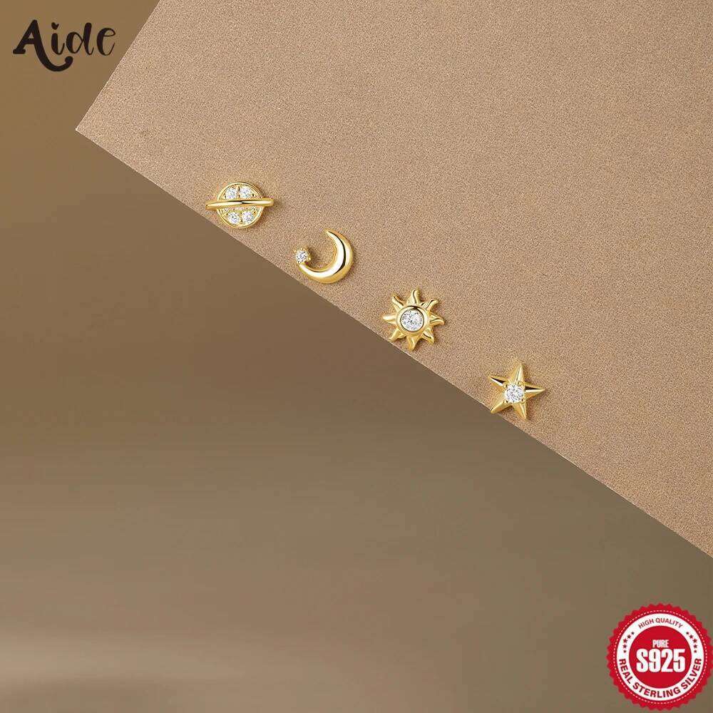 Aide 925 Sterling Silver Earring Set Planet/Star/Moon/Zircon 4Pieces Earrings For Women Piercing Wedding Party Fine Jewelry