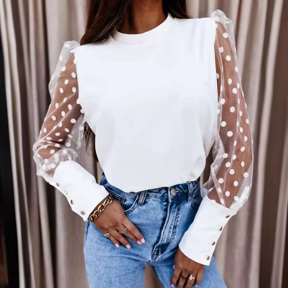 2026 Foreign Trade Women's Fashion European and American Cross-Border Spring Summer Solid Color Mesh Patchwork Long Sleeve T-Shirt