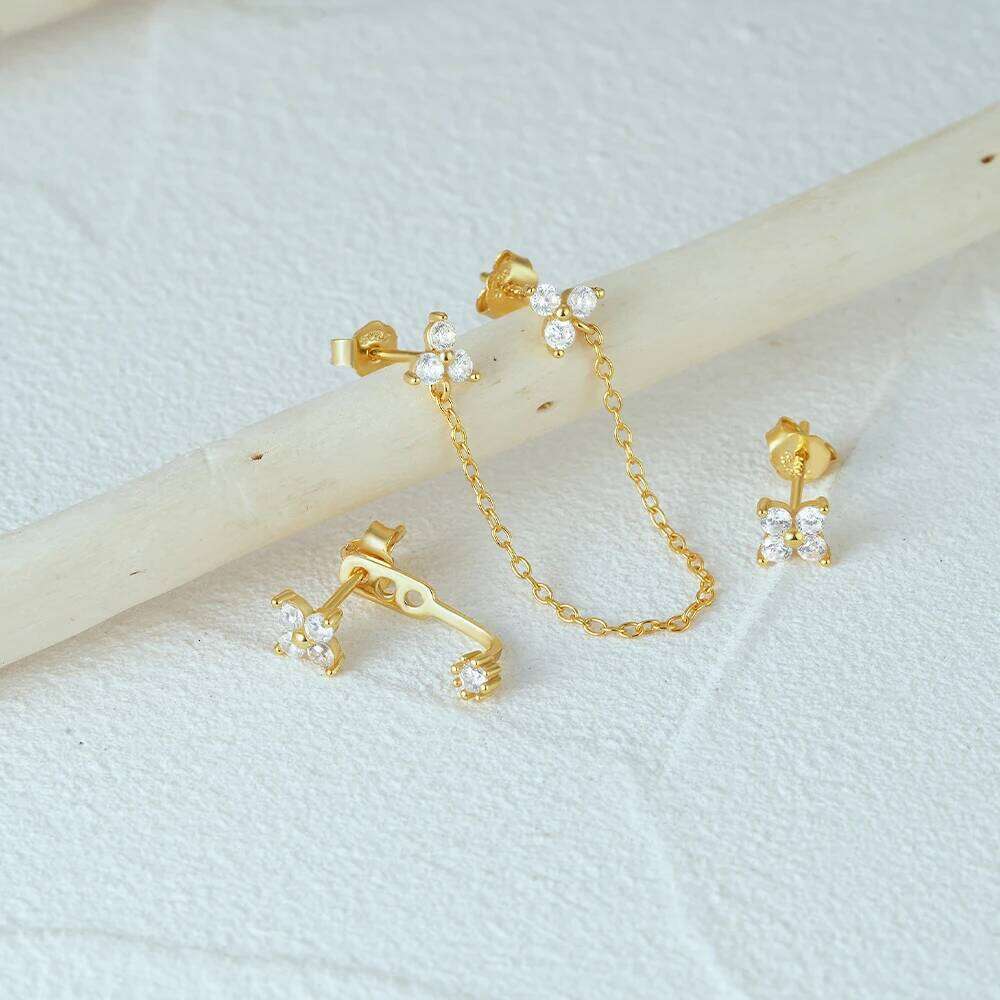 Aide 925 Sterling Silver 3pcs Set Flower Zircon Two Stud K Gold Chain Tassel Piercing Earrings For Women Luxury Jewelry Gift