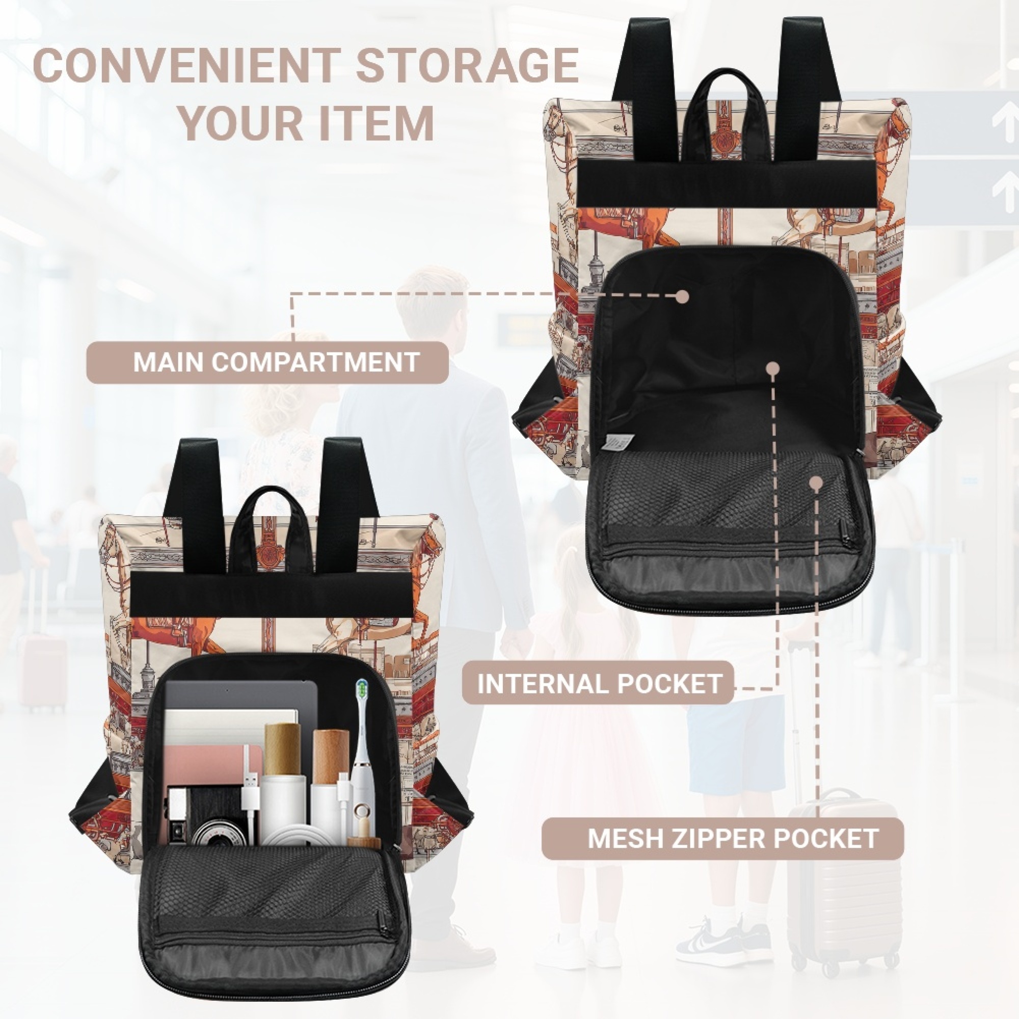 Custom H Designer Fashion Anti Theft Backpack Luxury Horse Pattern Unisex Full Print Backpack Laptop Bag Travel Bag H41