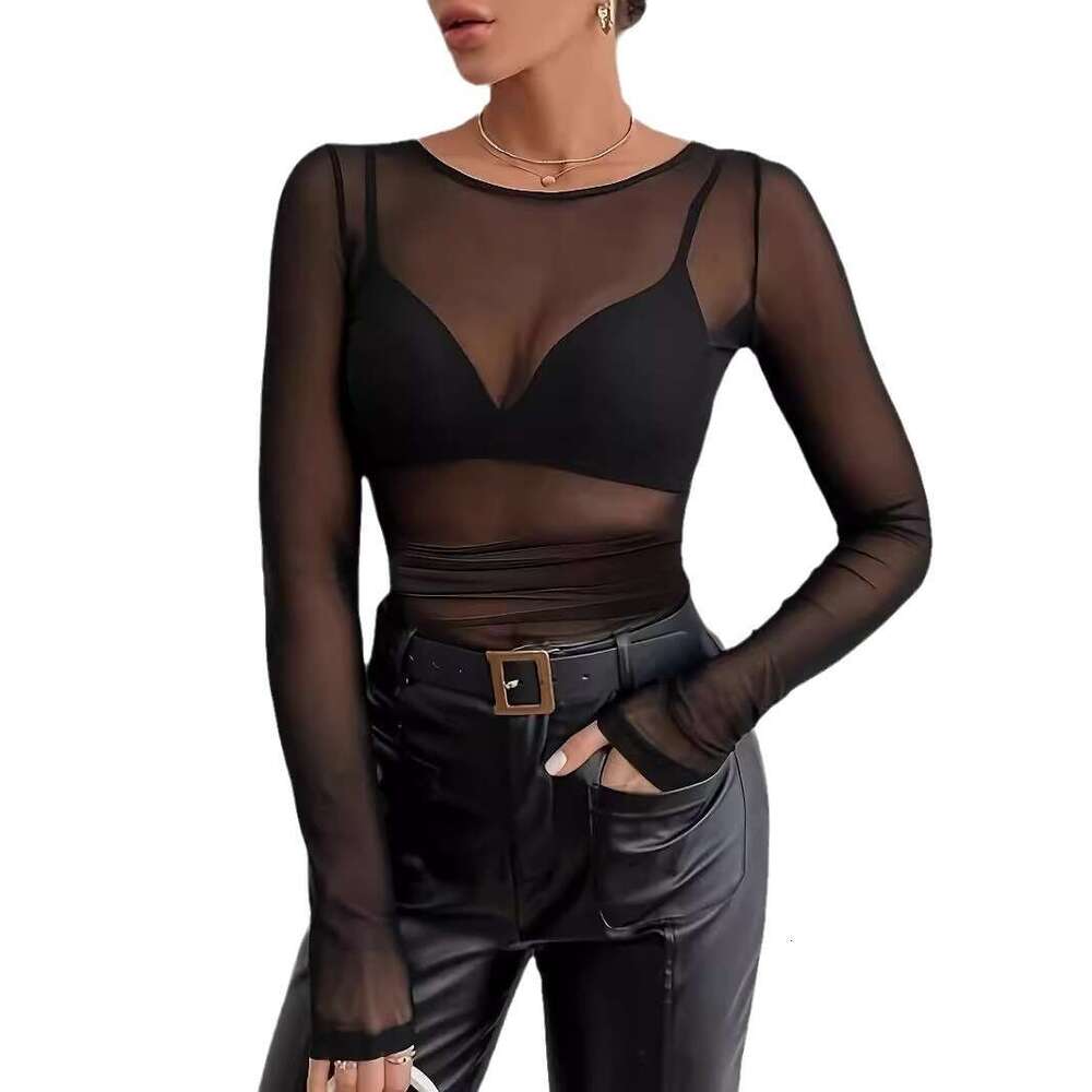 2026 Fashion Elegant Versatile Mesh Short Base Thin T-Shirt Slim Fit Slimming Sheer Top