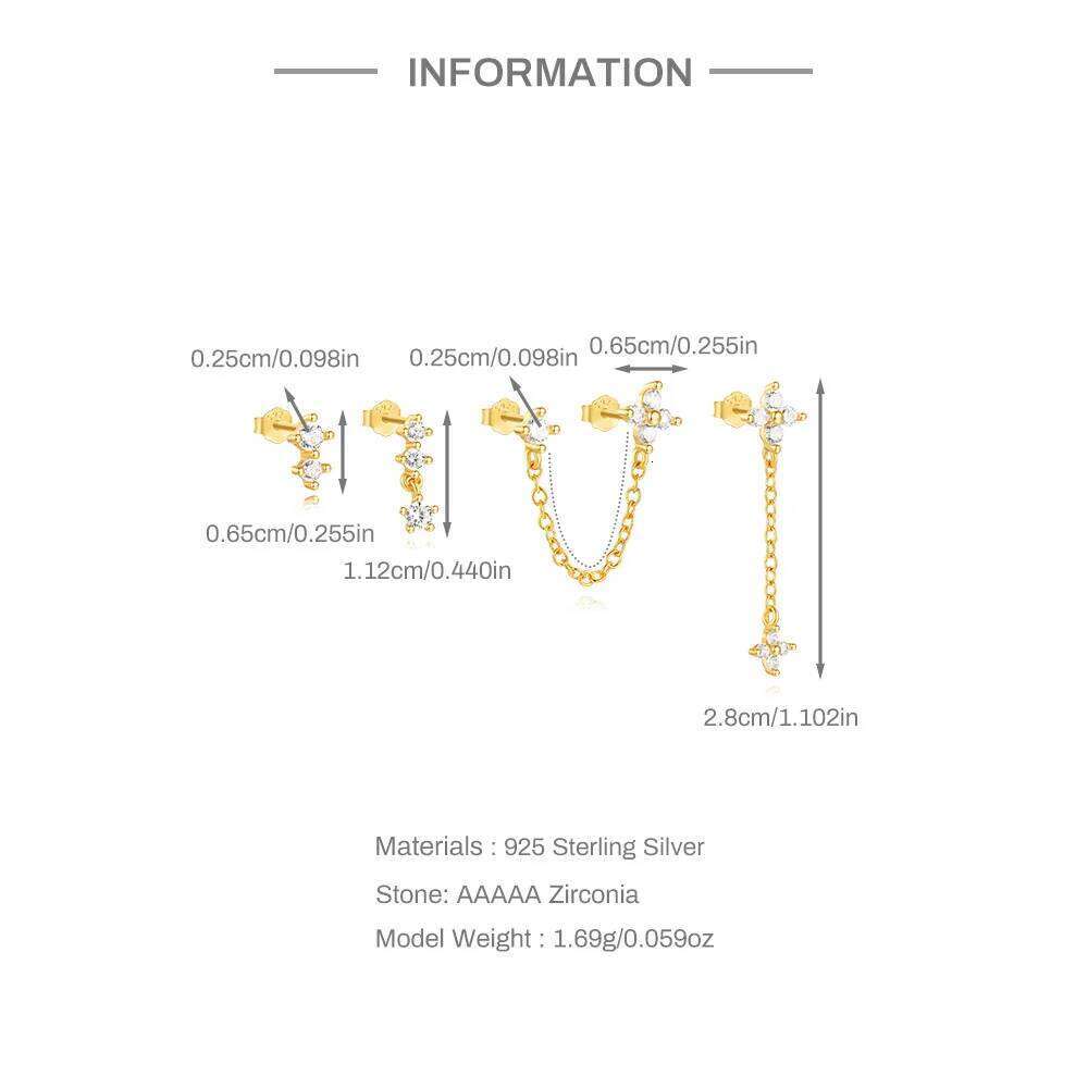 Aide 925 Sterling Silver 4pcs Flower Zircon Stud For Women Chains Double Ear Studs Light Luxury Earring New Year Jewelry