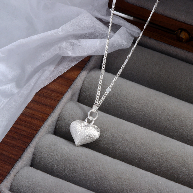 S925 Sterling Silver Brushed Heart Necklace for Women Versatile Personality Niche Light Luxury High-end Heart-shaped Pendant Collarbone Chain