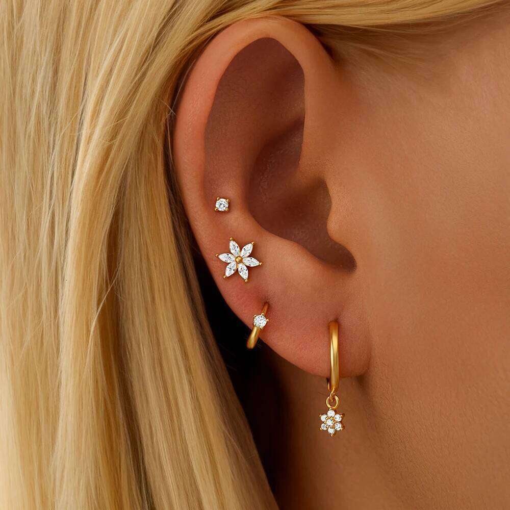 Aide 1 925 Sterling Silver Zircon Ptal Stud Earring Set Women Luck Flower CZ Cartilage Ear Studs Fine Jewelry New Year Party