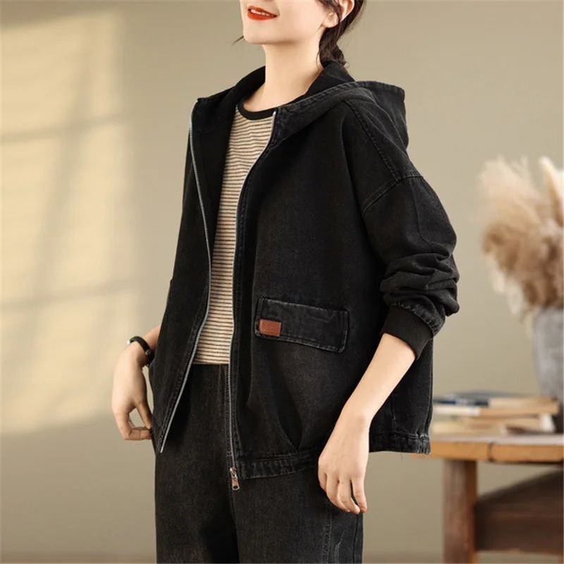 Masss Wasss Punk Spring Vintage Hooded Ladies Denim Jackets Fashion Leisure Classic Outerwear Loose Harajuku Streetwear Clothes 251231