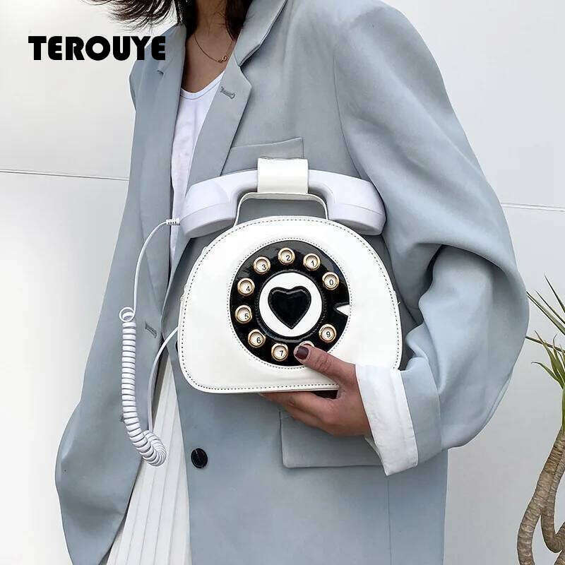 Women's Creative Shoulder Telephone Shaped Crossbody Bag Retro PU Leather Designer Sweet Girl Phone Purses And Small Handbag TEROUYE