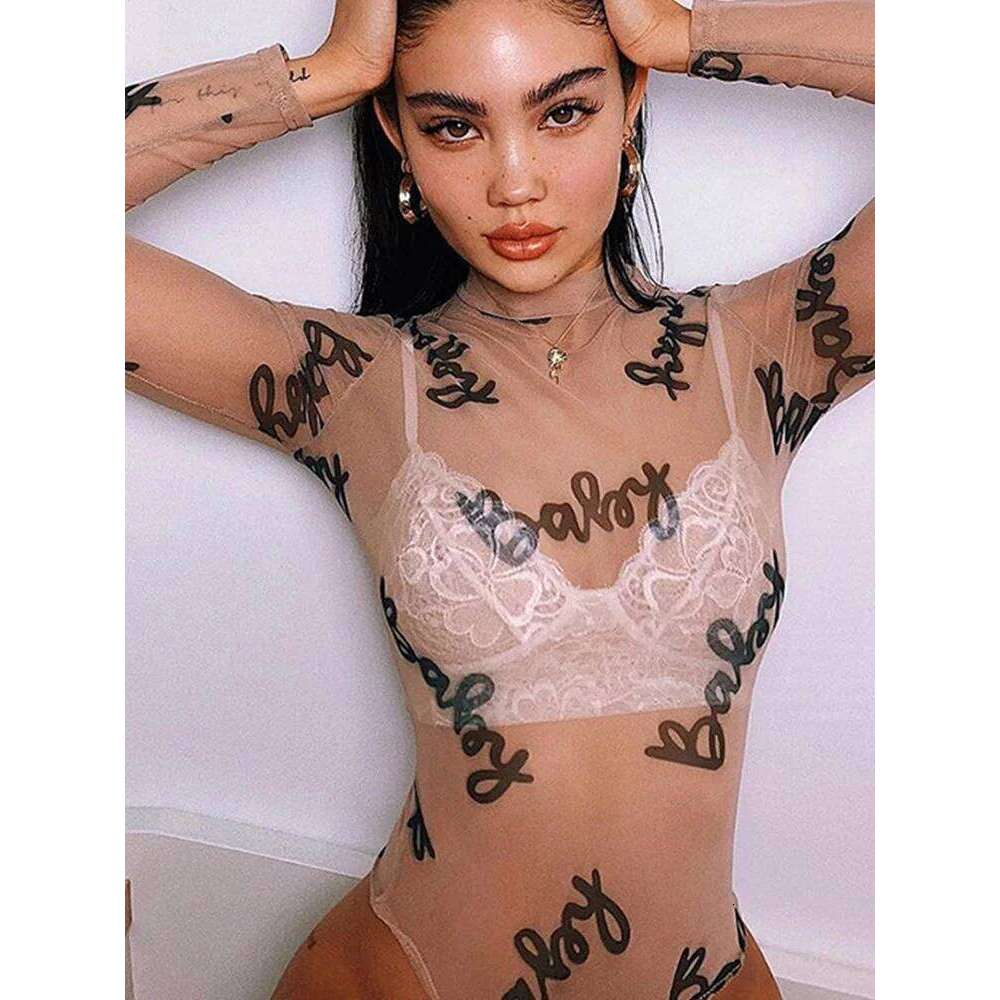 2023 Summer Sexy Letter Print Transparent Mesh Bodysuits Long Sleeve See Through Baby Bodycon Rompers Women Jumpsuits