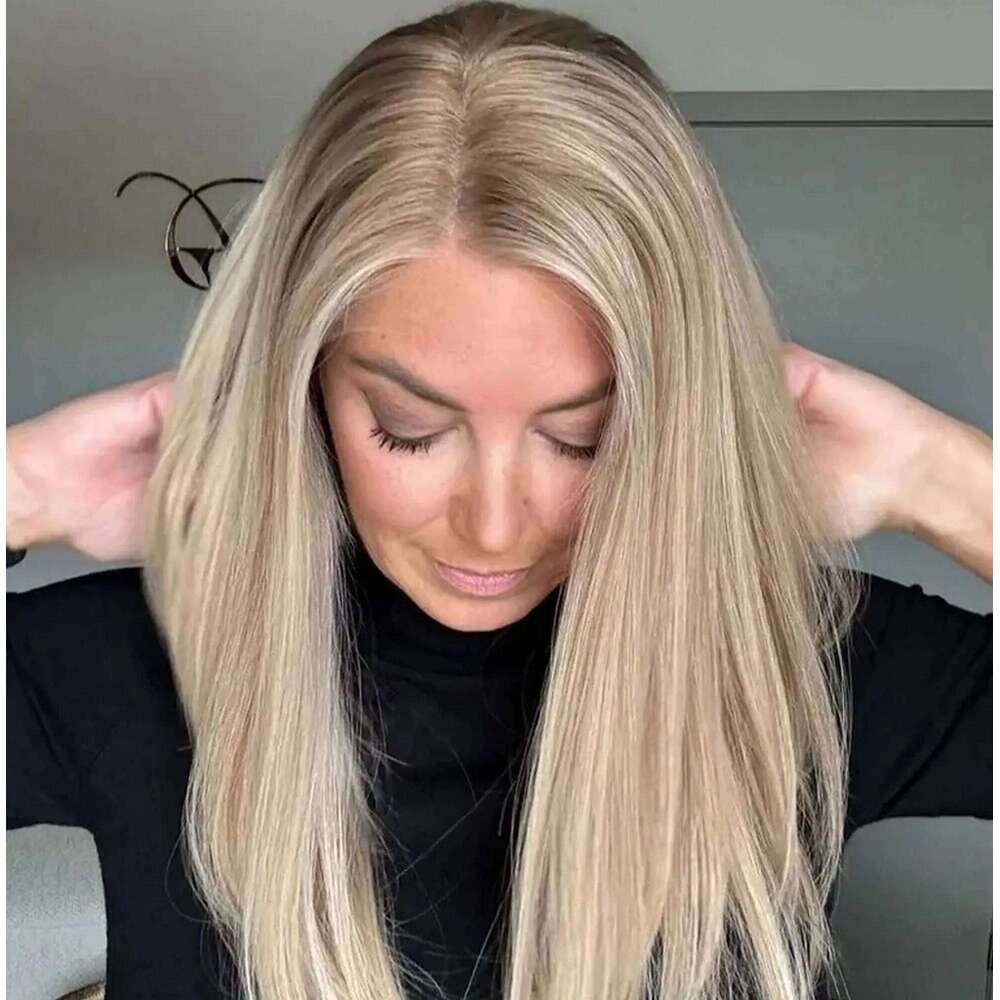 180% Density Natural Straight Ombre Light Blonde Glueless Wigs Synthetic Hair Mix Color High Temperature Silk Daily
