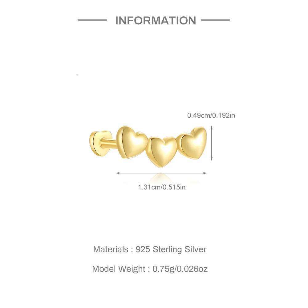 Aide 925 Silver Helix Cartilage Piercing Earrings For Women 18K Gold Color Heart Exquisite Ear Bone Studs Fine Jewel Accessories