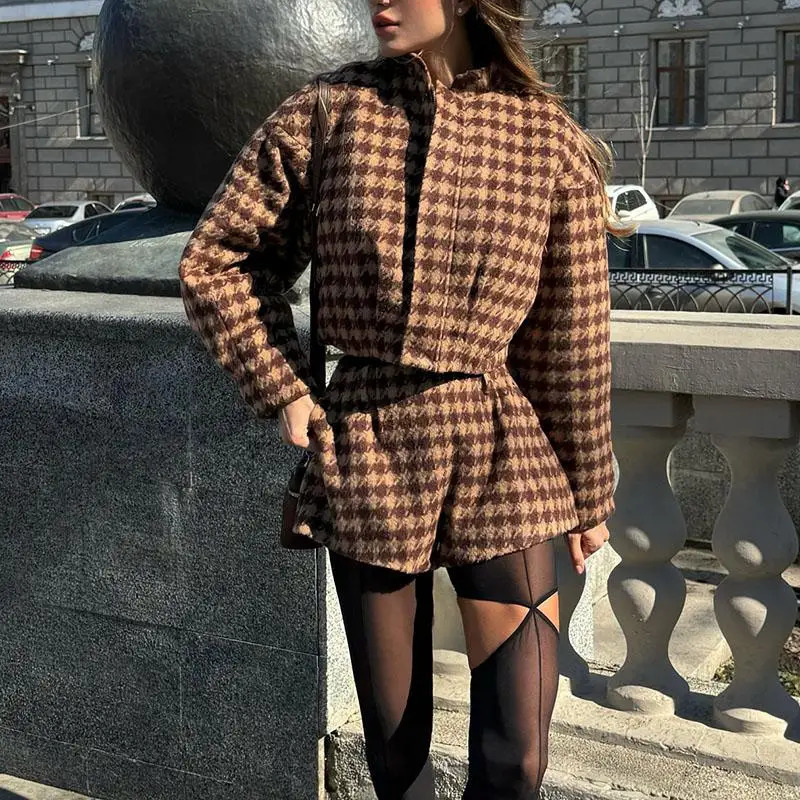Spring Retro Plaid Women Set Casual Chic Full Sleeve Zipper Jacket High Waist Pockets Shorts Lady Office Suit Commute 251231