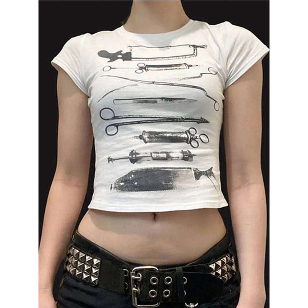 Dark Printed Cropped T Shiirt Gothic Casual Slim O-Neck Short Sleeve Tees Women 2024 Summer Fashion Streetwear Ladies