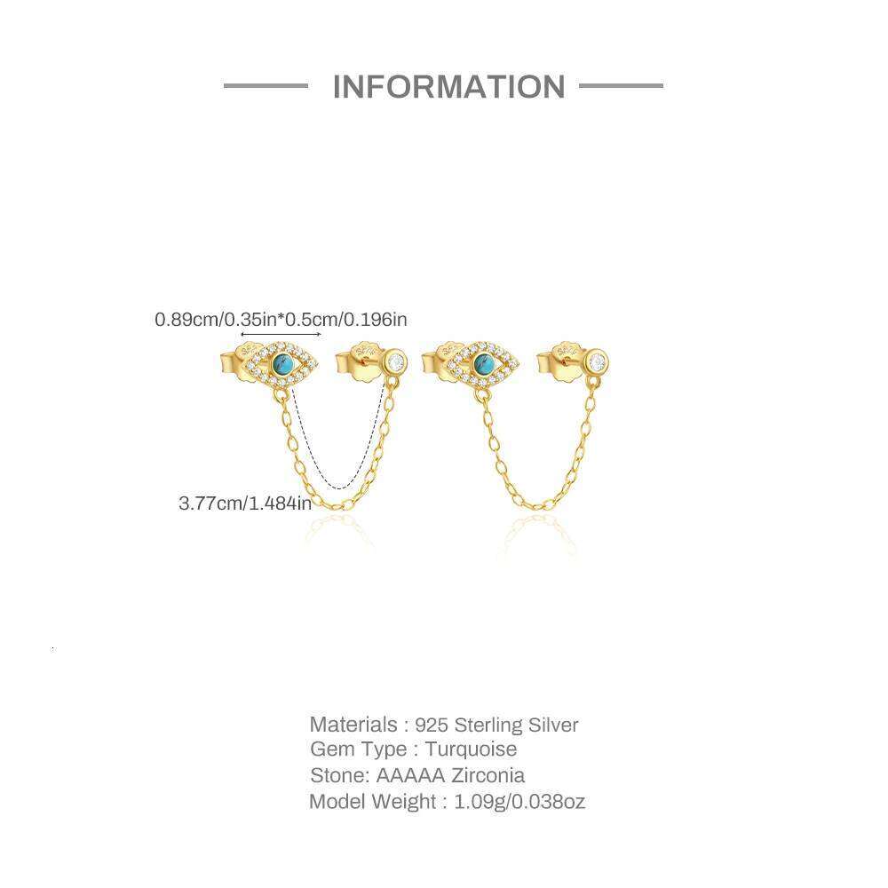 Aide 1 Pair 925 Sterling Silver Retro Turquoise Zircon Evil Eye Earrings For Women Two Studs Chain Cartilage Piercing Jewelry