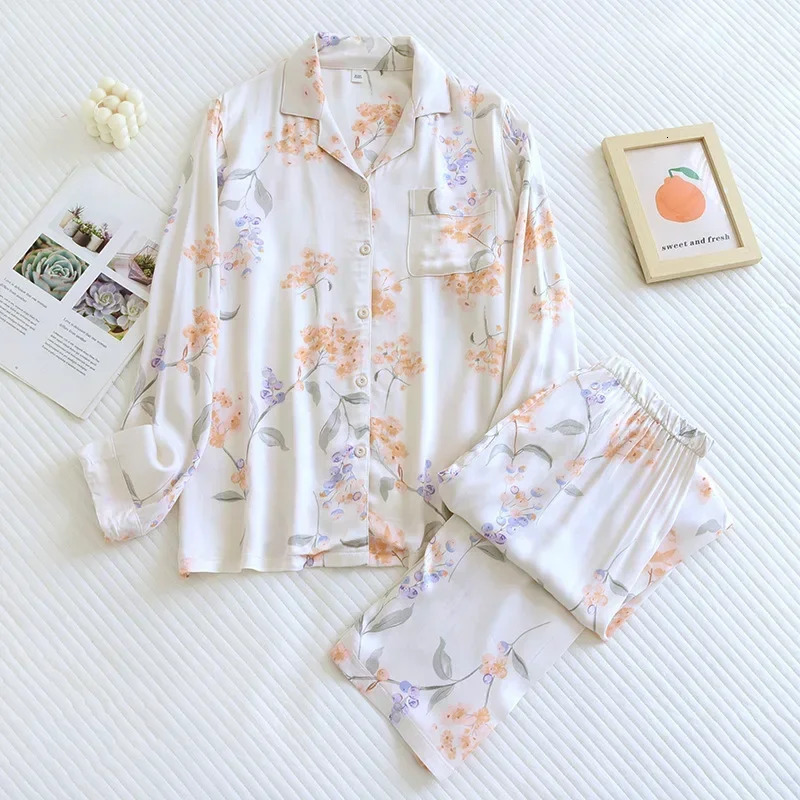 Spring and Autumn Thin Cotton Viscose Floral Printed Long Pants Pajamas Suit Sleeved Womens Sleepwear Sets Home Clothing 251231