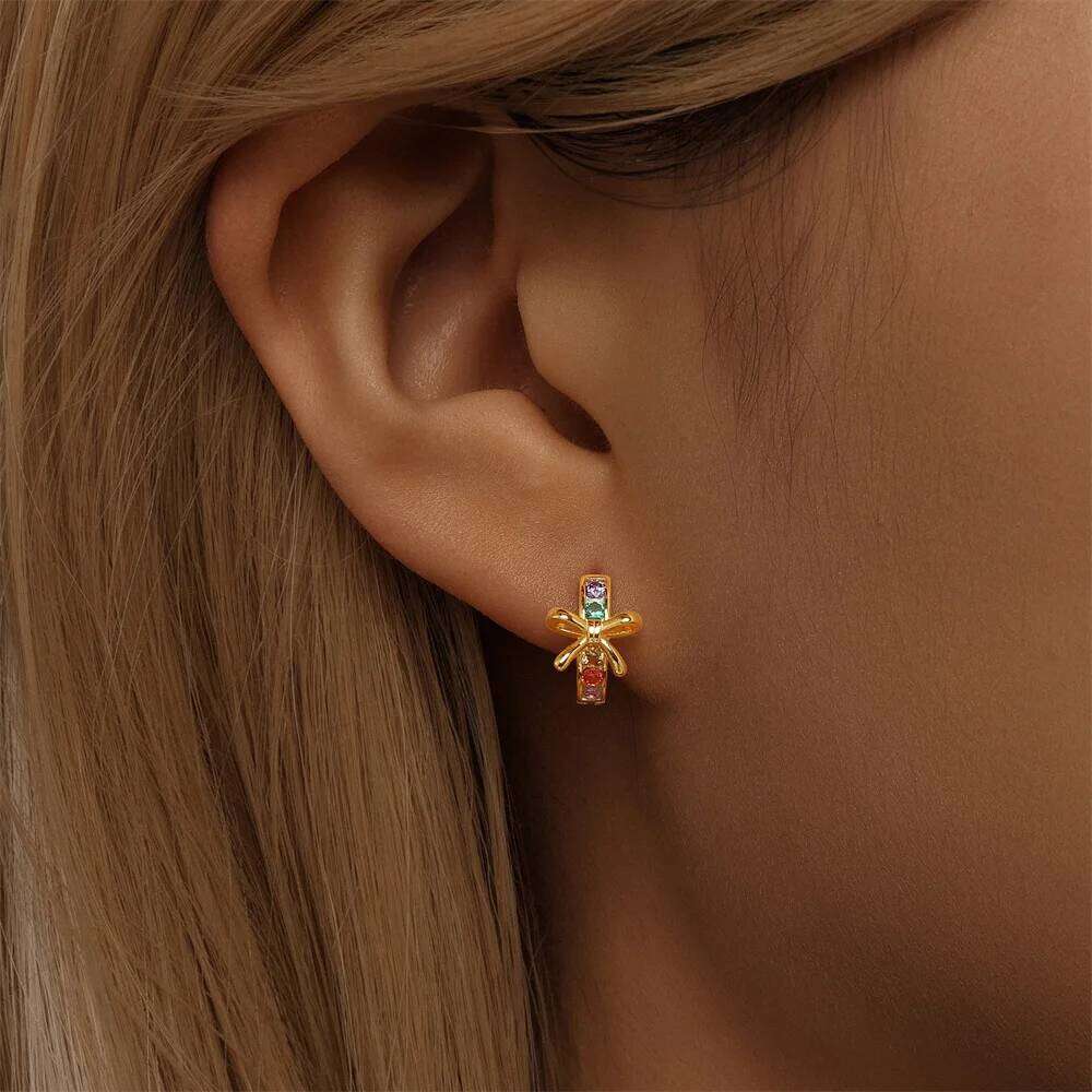 Aide 925 Sterling Silver Bow Inlaid Colored Zirconia Hoop Piercing Stud Earrings For Women K Gold Simple Bohemian Jewelry