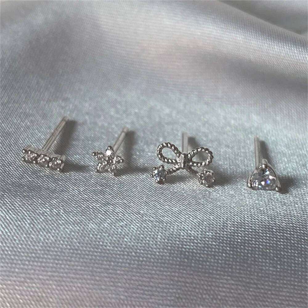 Aide 925 Sterling Silver 4pcs Set Heart Bow Flower Inlaid Zircon Piercing Stud Earrings For Women K Gold Bohemian Sweet Jewelry
