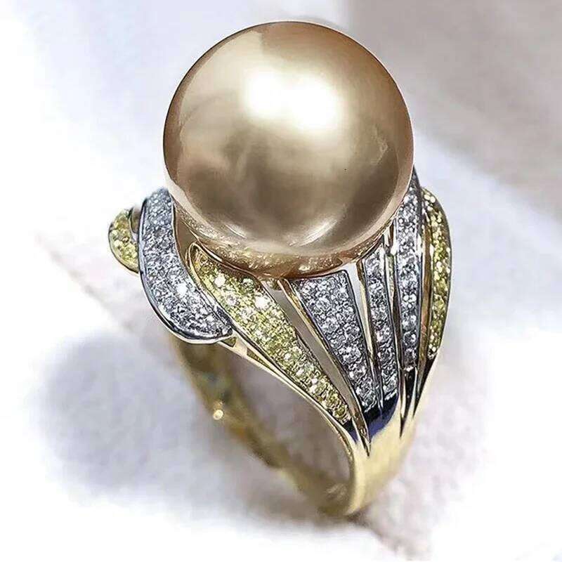 Huitan Gorgeous Champagne Imitation Pearl Rings for Women Two Tone Full CZ Luxury Trendy Wedding Engagement Jewelry New Arrival