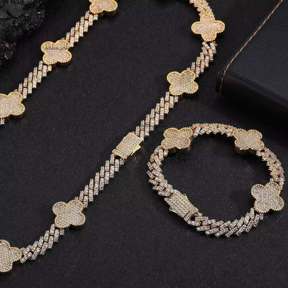 Hip-Hop Spring Clip Four-Leaf Clover VVS Moissaniteia Rhombus Cuban Chain Unisex Necklace High-End Multifunctional Bracelet