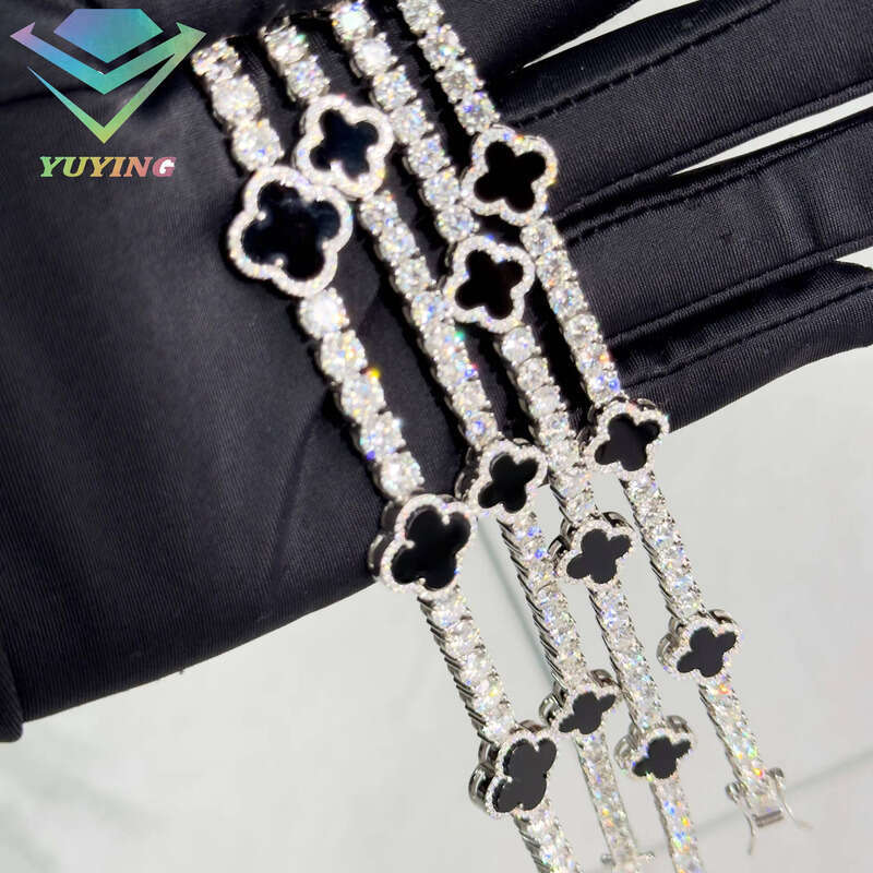VVS Moissanite Hot Selling Four-leaf Clover 925 Silver Black Agate Fashion Jewelry Tennis Ice 3mm 4mm 5mm Chalcedony Bracelet