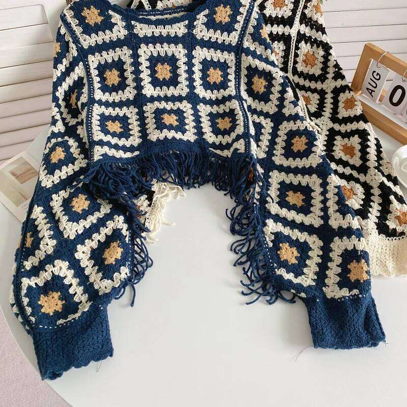 Granny Square Fringed Crochet Knitted Top Batwing Sleeve Pullover Sweater Women Teenage Girl Vintage Boho Festival Outfit