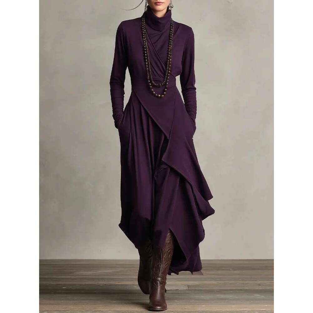 2026 European Size Women's Clothing Autumn Solid Color Sleeve Cross High Neck Long Dress