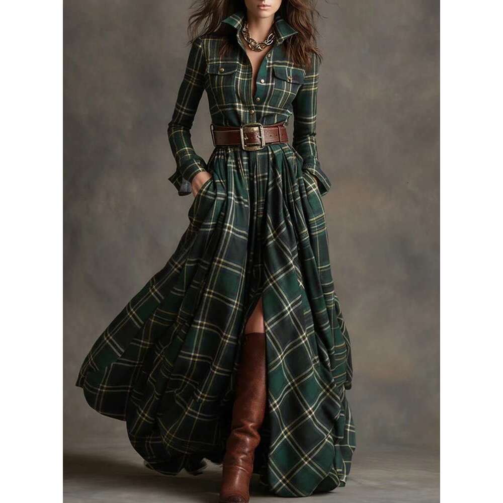 Plus Size Women's French Retro Plaid Slimming Irregular European and American New Design Dress