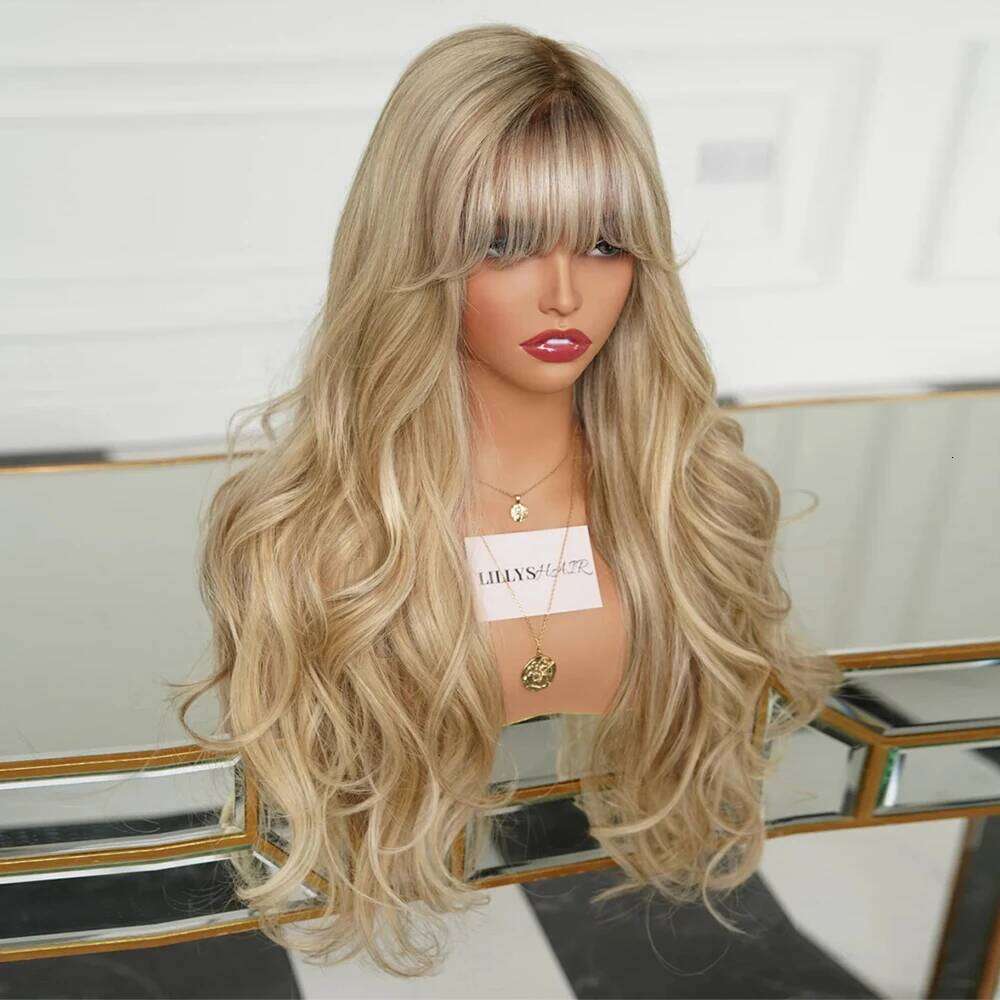 Water Wave Front Wigs with Full Bangs Light Beige Blonde Synthetic Hair Dark Roots Top Fringe Golden Invisible Lace Wig
