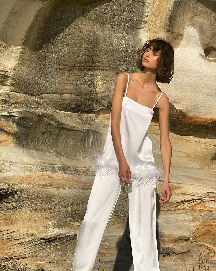 Chic Satin Pajamas With Feathers Sleepwear Women Sets Pants Black Spaghetti Strap Home Suit White Trouser Suits 251231