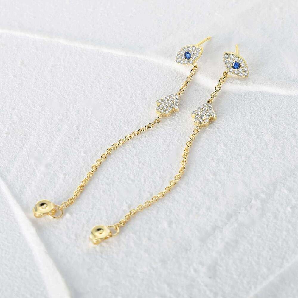 Aide Gold Silver Color Trendy Evil Eye Hamsa Hand Palm Charm Dangle Women Zircon Pave Long Chain Tassel Earrings
