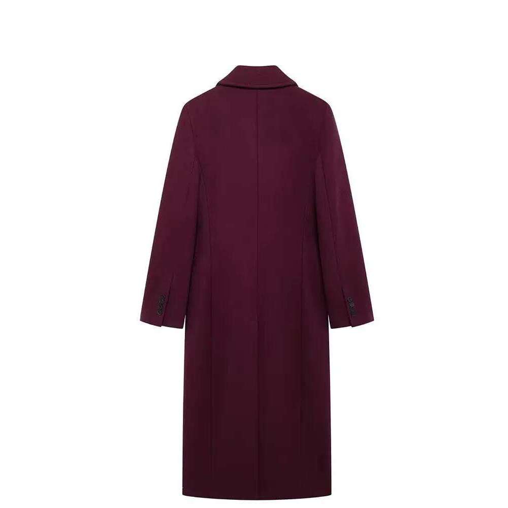 HH Women Fashion Burgundy Coat Double Breasted Long Sleeve Lapel Blends Jacket Autumn Winter High Street Outerwear