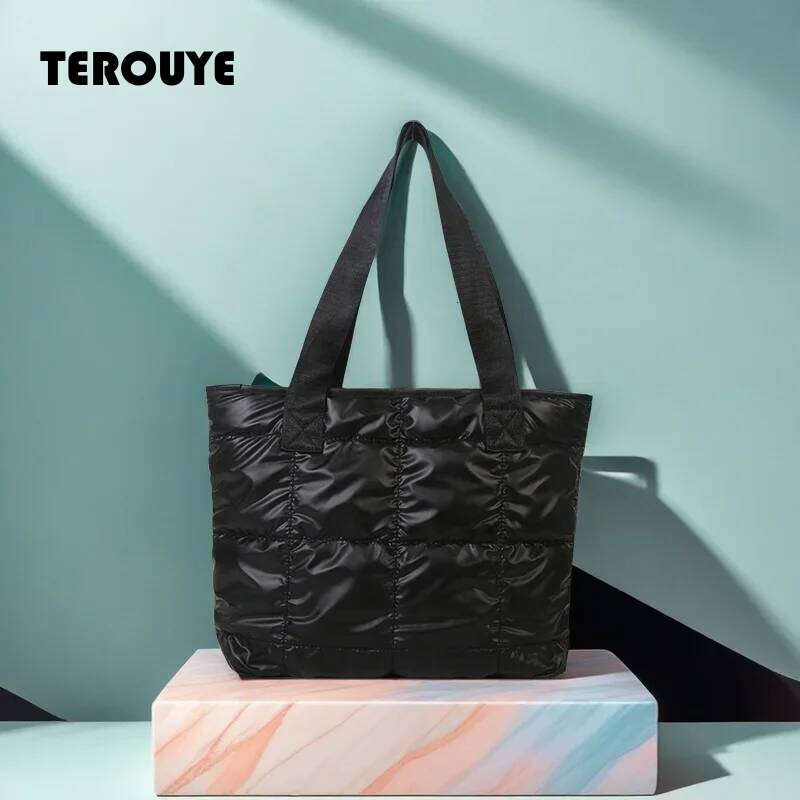 Fashion Ladies Tote Handbags Large Capacity Cotton Padded Shopping Bag Rhombus Portable Handbag Quilted Solid For Leisure Travel TEROUYE