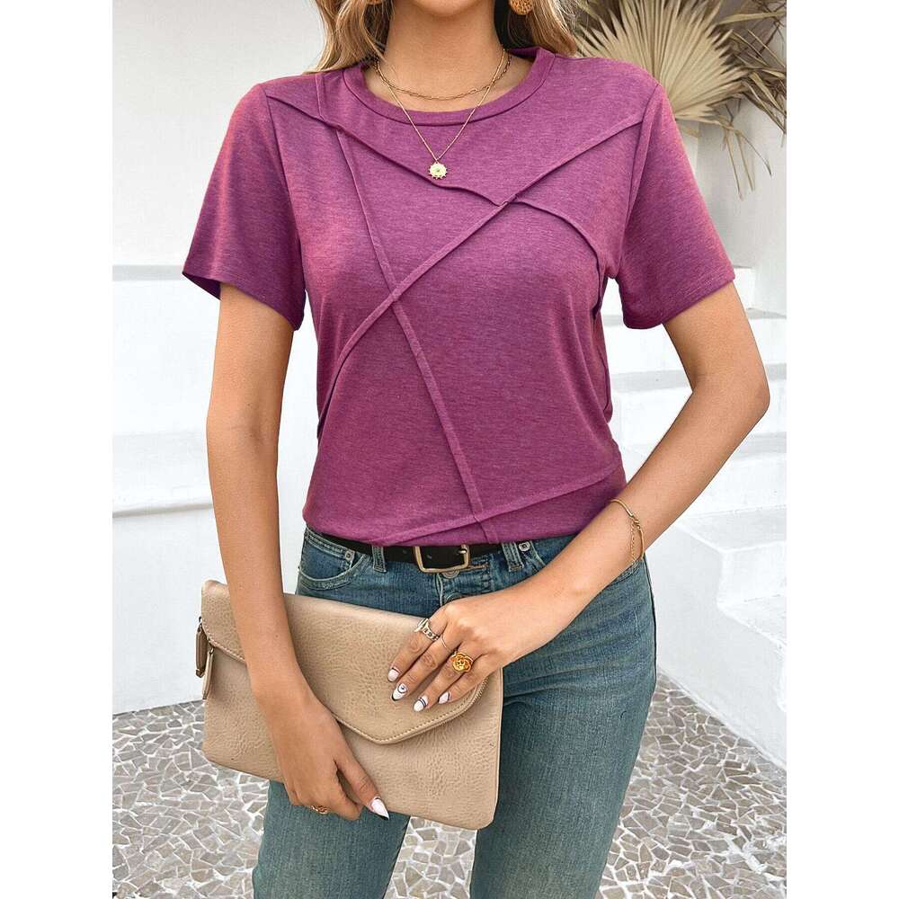 2026 European and American Spring Summer New Style Independent Station Solid Color Casual Short Sleeve T-Shirt Top Cross-Border Women's Fashion I