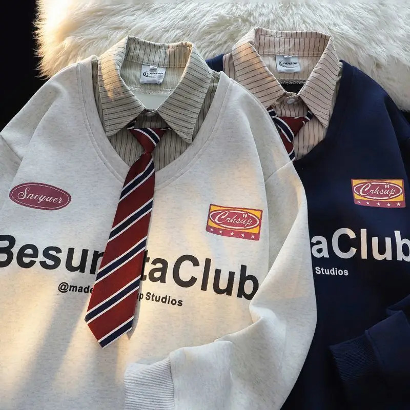 American College Style POLO Tie Two-piece Sweatshirt Mens Spring Autumn Thin Loose Korean Lazy Style Long-sleeved Jacket 251230