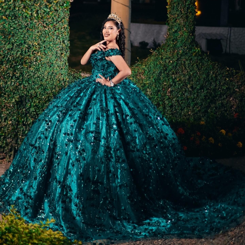 Dark Green Shiny Quinceanera Dresses Off Shoulder Ball Gown Sweet 16 Dress Applique Flower Beading Crystal Tull Birthday Party Vestidos 15 De Anos