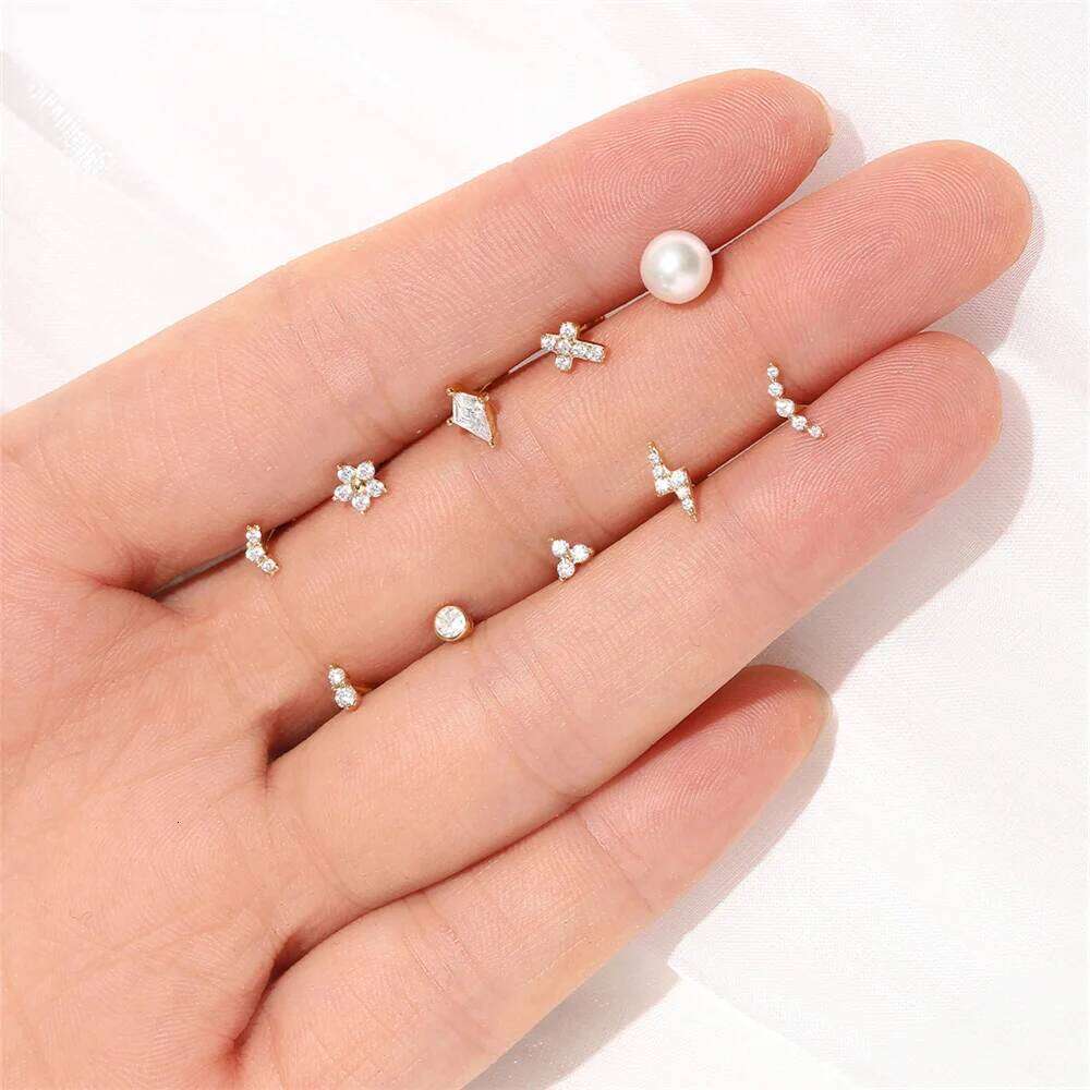 Aide Real 14K Solid Gold 5mm 6.5mm 8mm Size Stud Earring Colors Cubic Oxygen Zircon Mini Simple Piercing Ear Bone Studs Jewelry