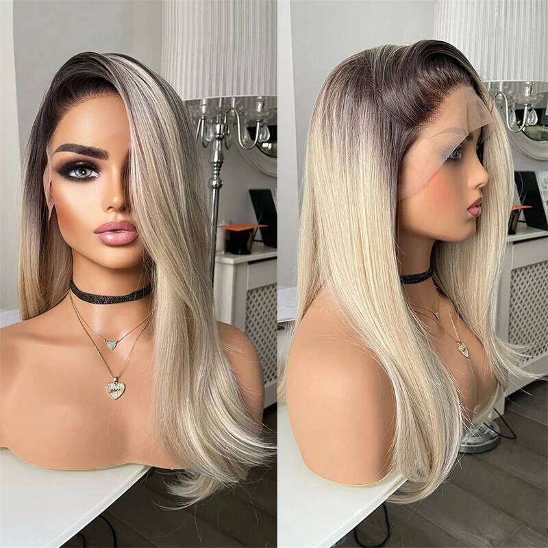 Top Quality Wigs 26 Inches Mixed Blonde Synthetic Lace Front With Dark Roots Realistic Natural Looking Wig Women Gift